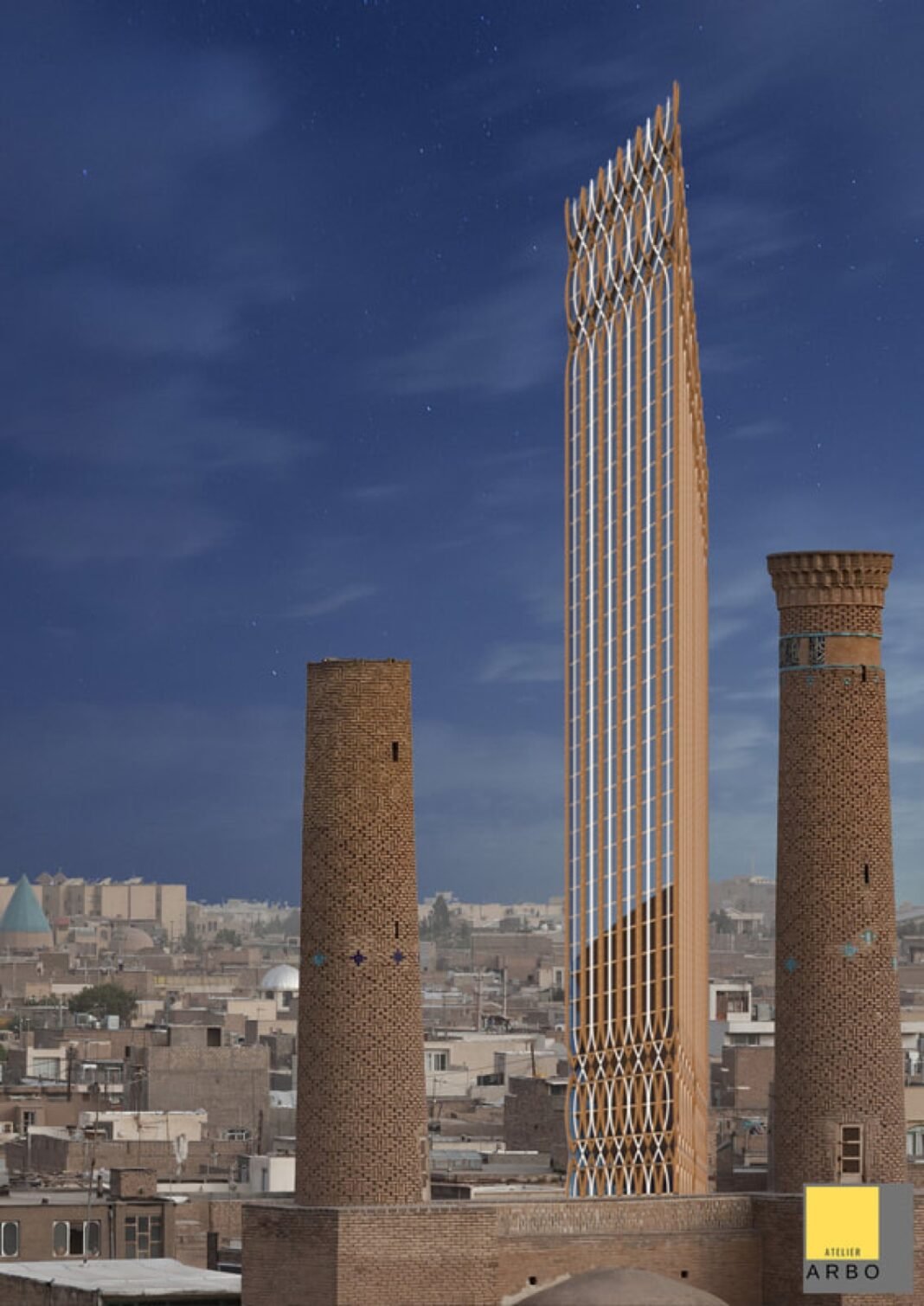 Yemen's First Skyscraper_ A Modern Vision for Sana'a_1 Yemen, residential tower, historic cityscape, modern design, traditional architecture, steel frame structure, high-rise, architectural style, sustainable design, ornate windows, urban development.