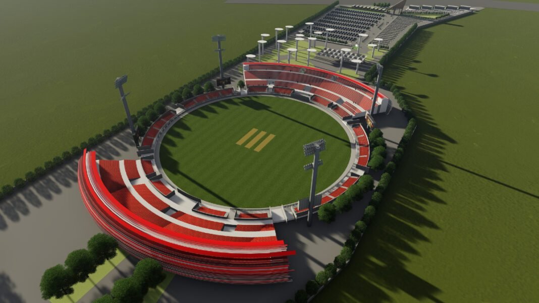 Nashik International Cricket Stadium, Stadium Architecture, Cricket Ball Inspiration, Photovoltaic Cells, Solar Panels, Steel Trusses, Innovative Design, Pre-Cast Elements, Rainwater Collection System, Terrain Challenges, Site Zoning, Safety Measures, Earthquake-Resistant Design, Synectics Architects, Deepak Kulkarni Consultants, Multi-Zone Layout, Sustainable Design, Future Expansion