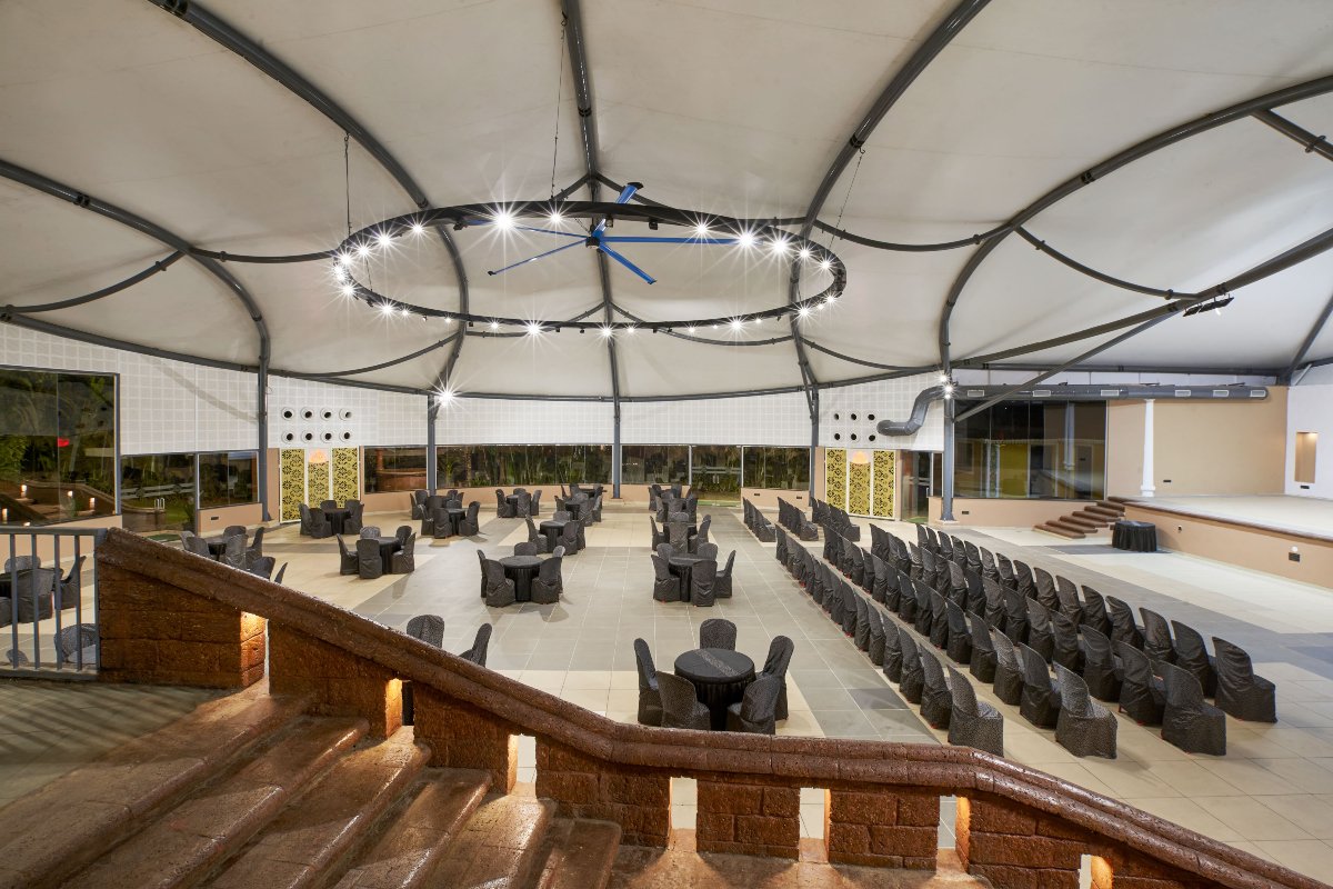 Momentz, Bicholim, North Goa, adaptable design, wedding venue, Sumedh Naik, Elements Design Studio, tensile fabric roofing, structural steel frame, multi-level venue, functionality, elegance, steel structure, prefabricated frames, topography, sustainability, recyclable materials, architectural innovation, aesthetic steel frame.

