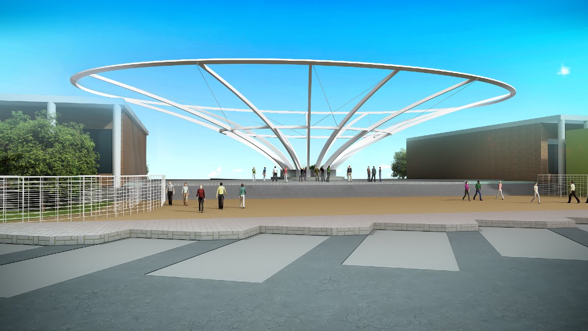 Bajaj Auto Ltd, entrance canopy, Chakan, Pune, modern architecture, sustainability, recyclable materials, tensile fabric membrane, eco-conscious construction, transparent panels, steel framework, prefabrication, scaffolding, cantilever, lightweight structure, column-free spans, FEA and CAD, Rahul Kadam, Consulting Catalysers Pvt Ltd, Across Nodes Transit Solutions Pvt Ltd, Jindal Steel & Power, APL Apollo 