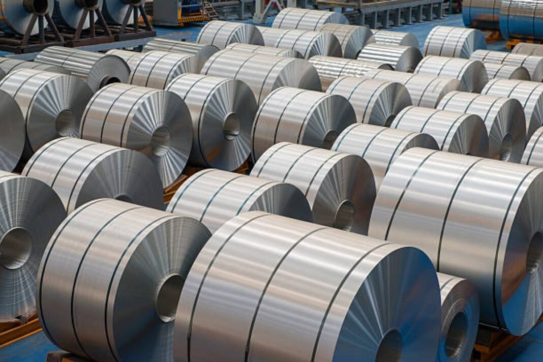 Large aluminium steel rolls in the factory, high angle view Jindal India Ltd, Investment, Steel expansion, Solar energy, Howrah, West Bengal, Infrastructure development, Viksit Bharat, Sheets, Pipes, Aluminium foil