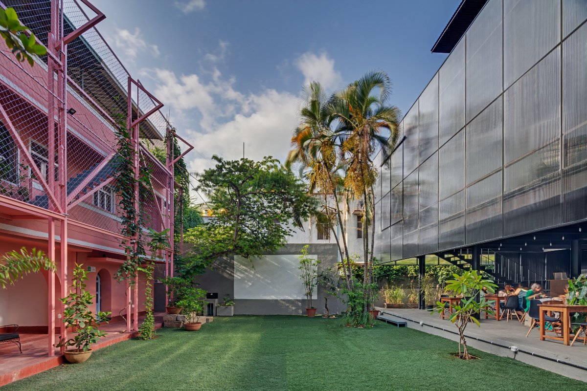 The Courtyard, Bengaluru, M9 Design Studio, steel, polycarbonate, sustainable architecture, prefabrication, light-box effect, modular design, urban landmark, event space, modern architecture, innovative design, industrial materials, natural light, steel structure, eco-friendly design.