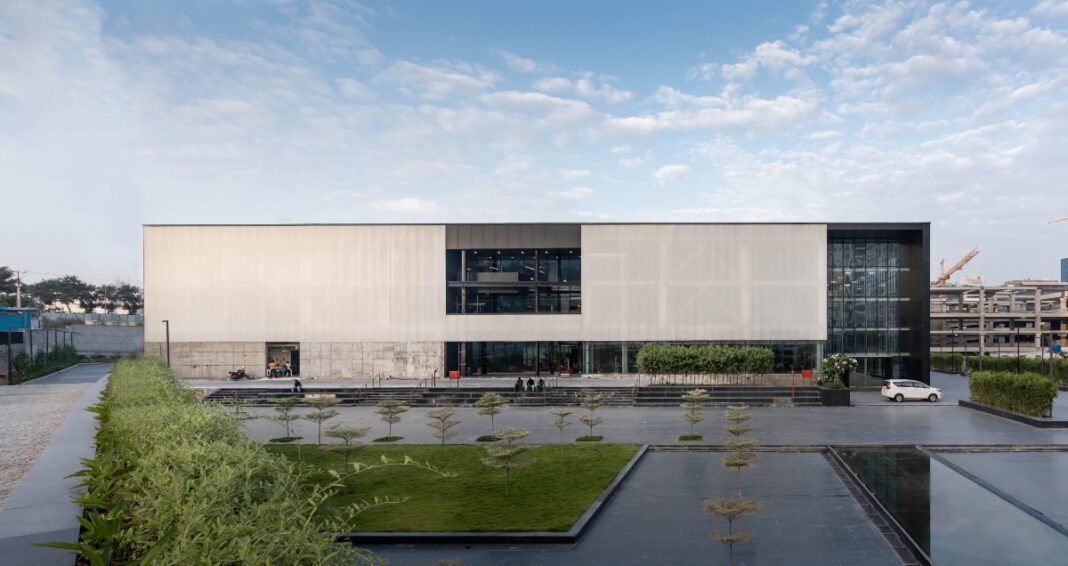 T-Works, prototyping center, Studio Chintala, innovation, minimalist design, future-ready, collaboration, adaptability, sustainable design, BIM, Hyderabad, creative space, technology, urban plaza, flexible workspace