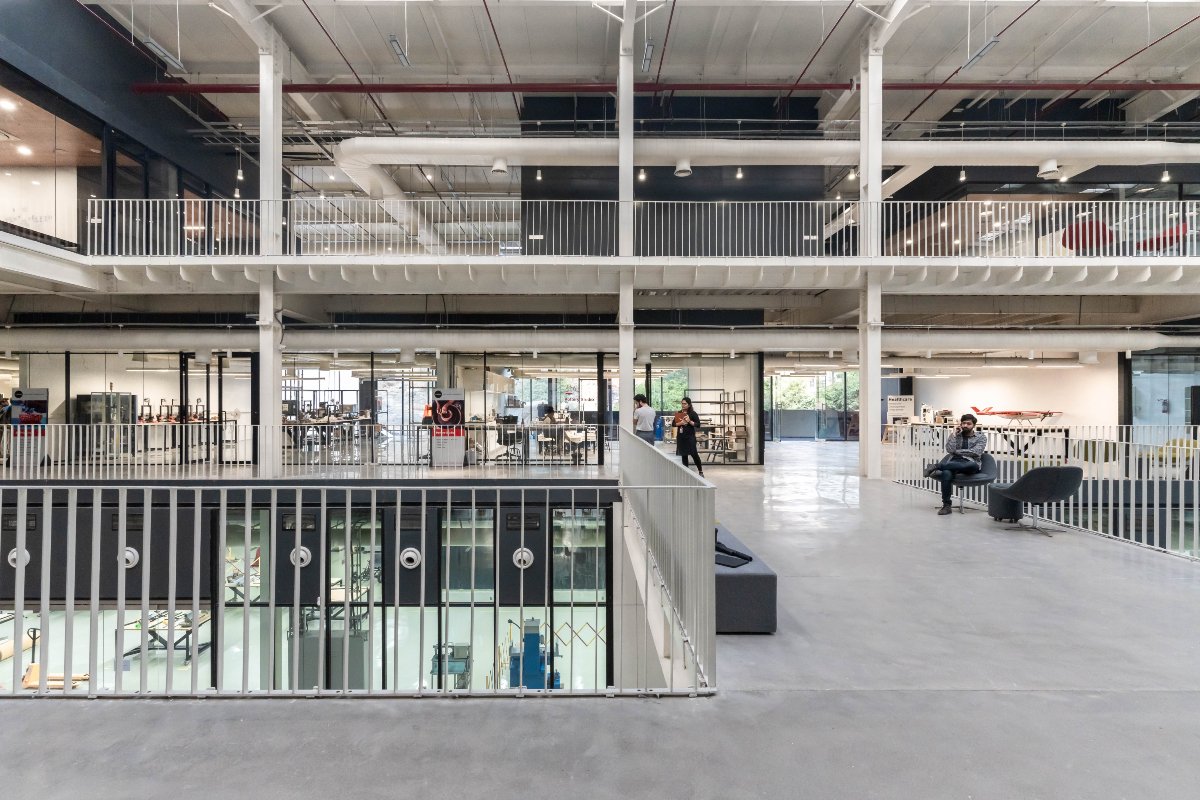 T-Works, prototyping center, Studio Chintala, innovation, minimalist design, future-ready, collaboration, adaptability, sustainable design, BIM, Hyderabad, creative space, technology, urban plaza, flexible workspace