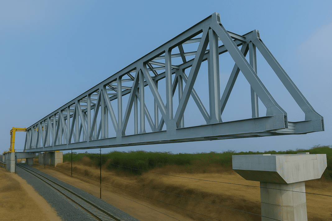 NHSRCL installs 70m steel bridge for Mumbai-Ahmedabad bullet train Construction crew installing a 70-meter steel bridge over railway tracks for the Mumbai-Ahmedabad bullet train near Vadodara, Gujarat